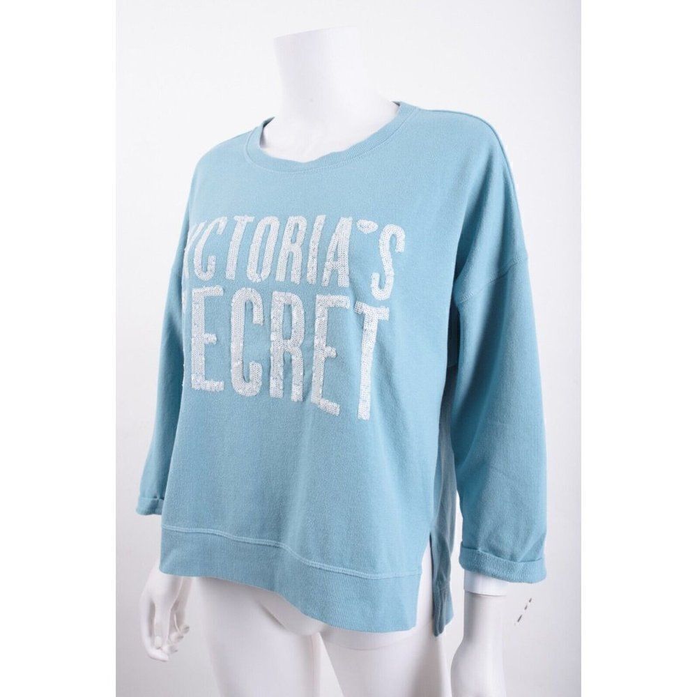 Victorias Secret Womens Sweatshirt Blue White Sequin Spellout Logo M Medium - Picture 3 of 6